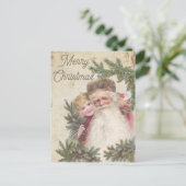 クリスマスヴィンテージカード男の子と一緒にサンタを描く ポストカード (スタンド正面)