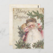 クリスマスヴィンテージカード男の子と一緒にサンタを描く ポストカード (正面/裏面)