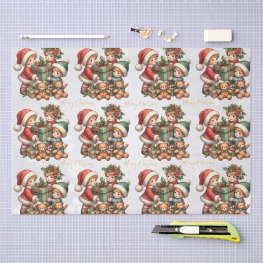 クリスマスヴィンテージキッズギフトメリークリスマス 薄葉紙 (クラフト)