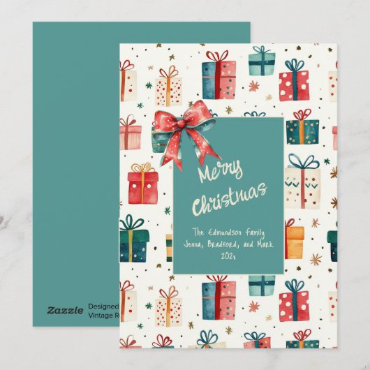 クリスマスヴィンテージギフトパッケージフラットホリデーカード シーズンカード (正面/裏面)