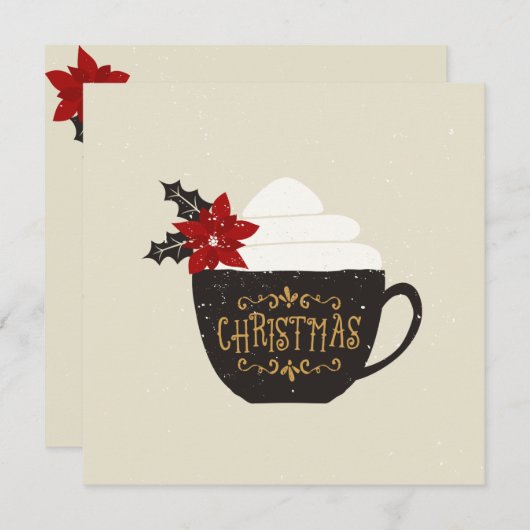 クリスマスヴィンテージコーヒーカップレッドポインセチア 招待状 (正面/裏面)