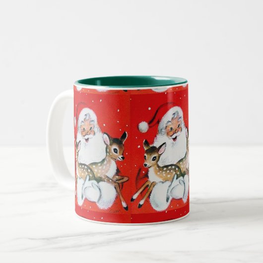 クリスマスヴィンテージサンタクロースが2つのFAWNを保持 ツートーンマグカップ (正面左)