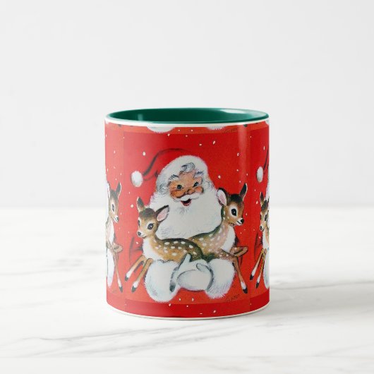 クリスマスヴィンテージサンタクロースが2つのFAWNを保持 ツートーンマグカップ (中央)