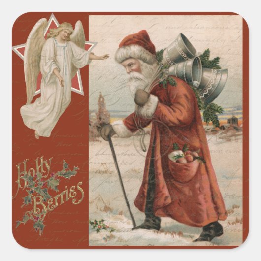 クリスマスヴィンテージサンタクロースファーザーエンジェルパーティー スクエアシール (正面)