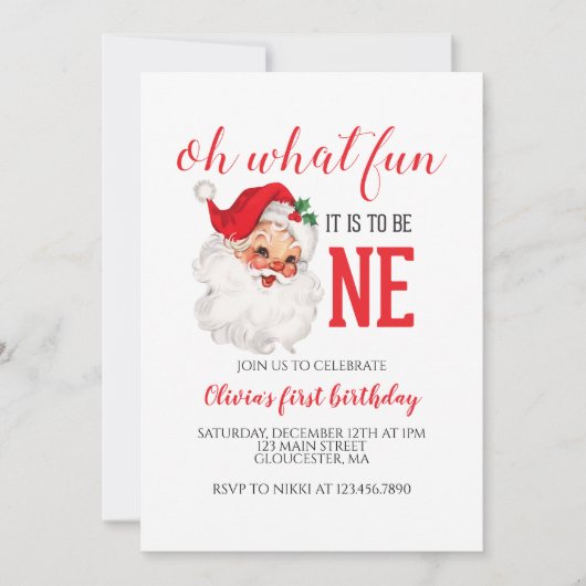 クリスマスヴィンテージサンタファースト誕生日 招待状 (正面)