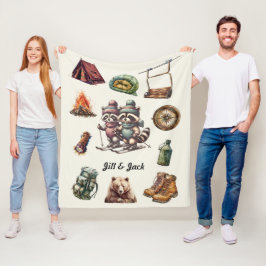 クリスマスヴィンテージスキーカップルRaccoon屋外オフ白 フリースブランケット