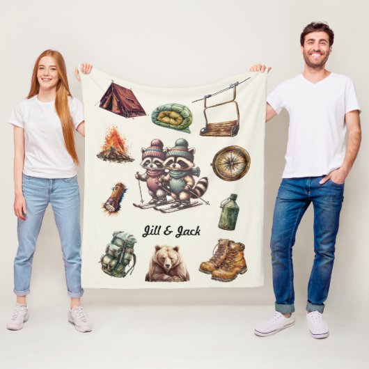 クリスマスヴィンテージスキーカップルRaccoon屋外オフ白 フリースブランケット (インサイチュ)