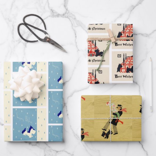 クリスマスヴィンテージスコットランド犬のパターン ラッピングペーパーシート (正面)