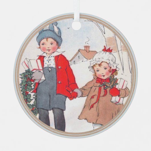 クリスマスヴィンテージチャイルズボーイガールホリデイ メタルオーナメント (正面)