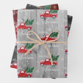 クリスマスヴィンテージツリー付き赤トラック ラッピングペーパーシート (インサイチュ)