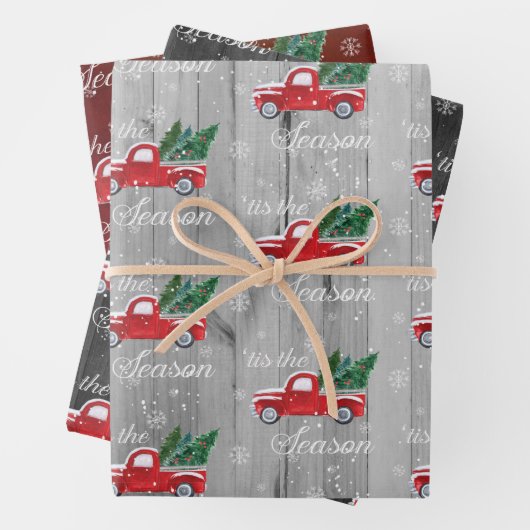 クリスマスヴィンテージツリー付き赤トラック ラッピングペーパーシート (インサイチュ)