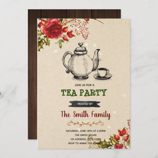 クリスマスヴィンテージティーパーティの招待状 シーズンカード (正面/裏面)