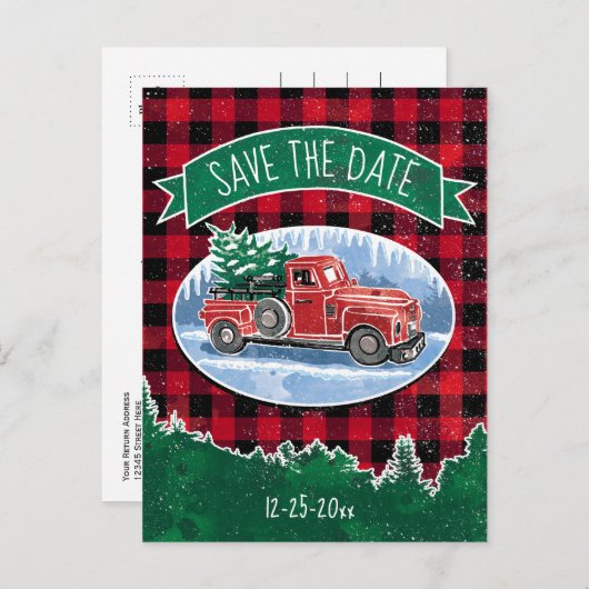 クリスマスヴィンテージトラックが日付を保存 案内ポストカード (正面/裏面)