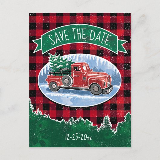 クリスマスヴィンテージトラックが日付を保存 案内ポストカード (正面)