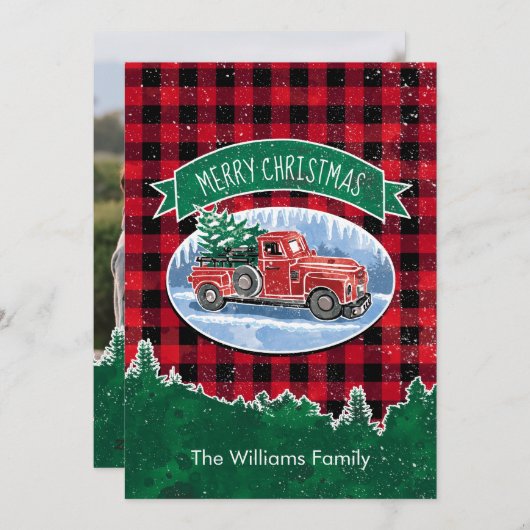 クリスマスヴィンテージトラックファミリーフォトバッファロープレイド シーズンカード (正面/裏面)