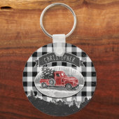 クリスマスヴィンテージトラックブラックバッファロープレイド名 キーホルダー (正面)