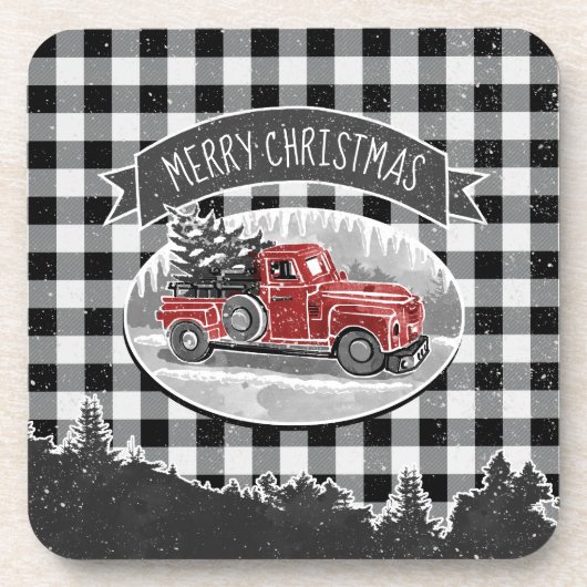 クリスマスヴィンテージトラックブラックバッファロープレイド名 コースター (正面)