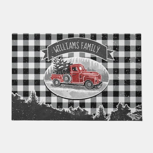 クリスマスヴィンテージトラックブラックバッファロープレイド名 ドアマット (正面)