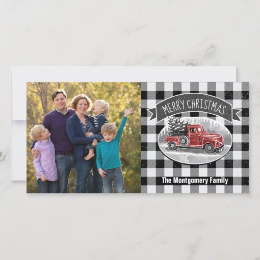 クリスマスヴィンテージトラック白黒格子縞の写真 シーズンカード (正面)