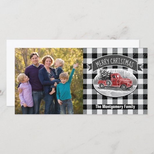 クリスマスヴィンテージトラック白黒格子縞の写真 シーズンカード (正面/裏面)