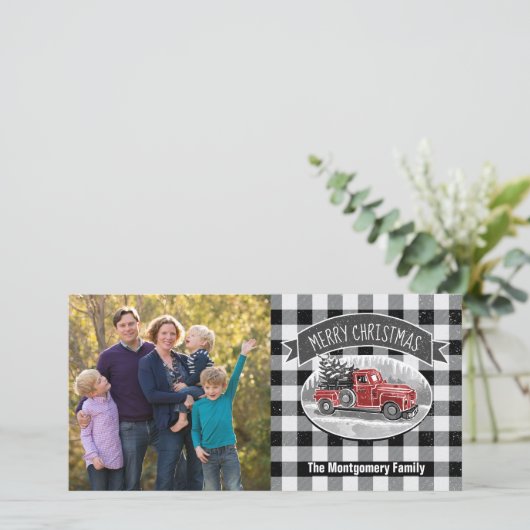 クリスマスヴィンテージトラック白黒格子縞の写真 シーズンカード (スタンド正面)