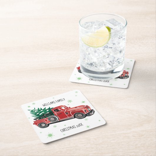 クリスマスヴィンテージトラック(雪片付き) スクエアペーパーコースター (インサイチュ)
