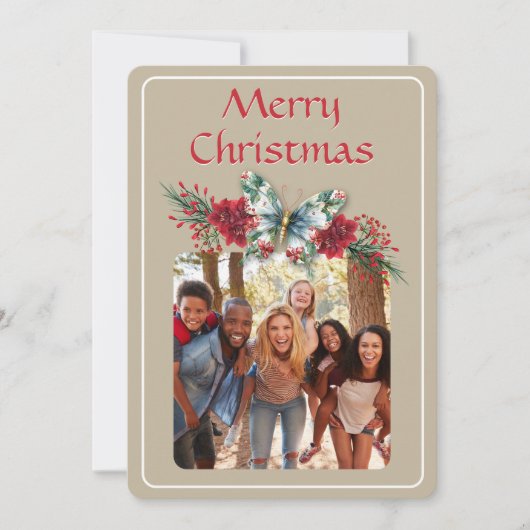 クリスマスヴィンテージバタフライポインセチア写真 シーズンカード (正面)