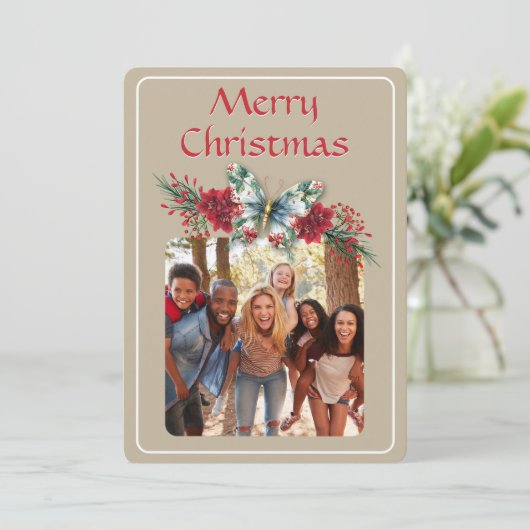 クリスマスヴィンテージバタフライポインセチア写真 シーズンカード (スタンド正面)