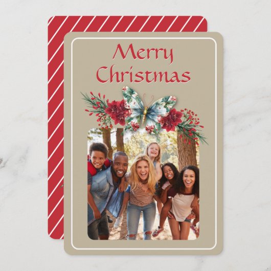 クリスマスヴィンテージバタフライポインセチア写真 シーズンカード (正面/裏面)