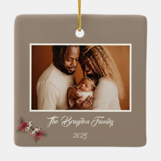 クリスマスヴィンテージバタフライポインセチア写真 セラミックオーナメント (裏面)