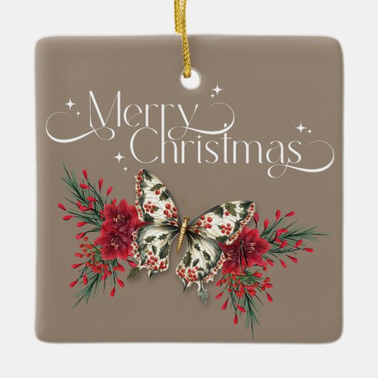 クリスマスヴィンテージバタフライポインセチア写真 セラミックオーナメント (正面)