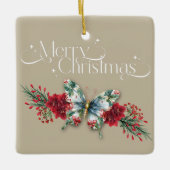 クリスマスヴィンテージバタフライポインセチア写真 セラミックオーナメント (正面)