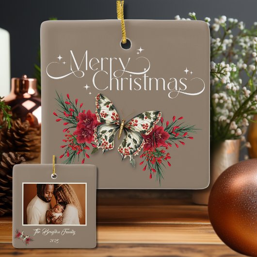 クリスマスヴィンテージバタフライポインセチア写真 セラミックオーナメント