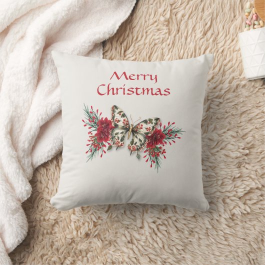 クリスマスヴィンテージバタフライポインセティアホリデイ クッション (ブランケット)