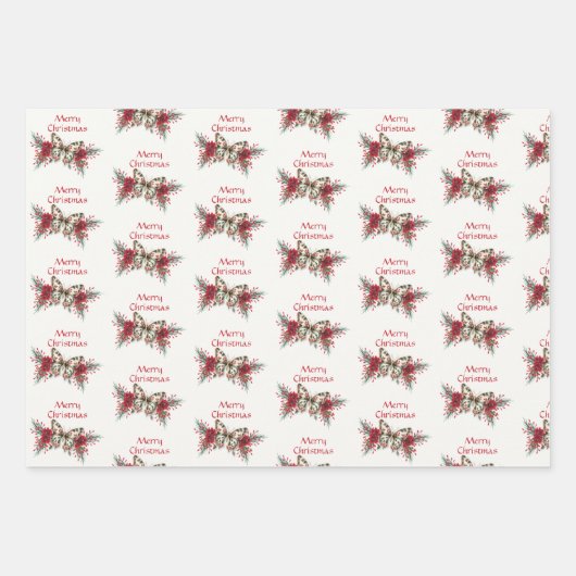 クリスマスヴィンテージバタフライポインセティアホリデイ ラッピングペーパーシート (正面)