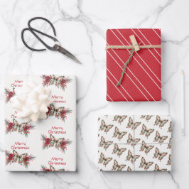 クリスマスヴィンテージバタフライポインセティアホリデイ ラッピングペーパーシート