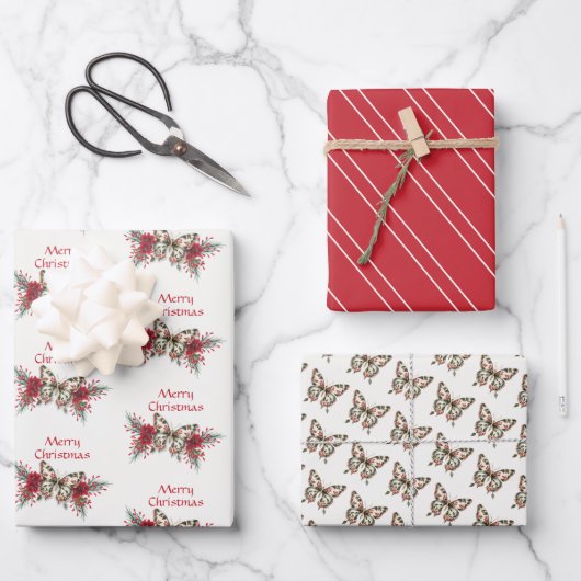 クリスマスヴィンテージバタフライポインセティアホリデイ ラッピングペーパーシート (正面)