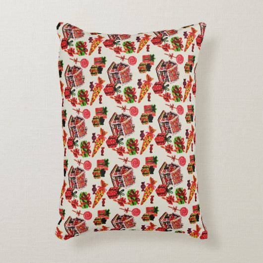 クリスマスヴィンテージファミリーハウスキャンディーケーン アクセントクッション (正面(垂直))