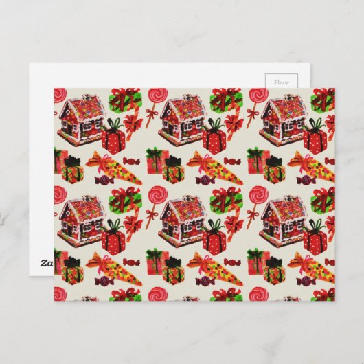 クリスマスヴィンテージファミリーハウスキャンディーケーン ポストカード (正面/裏面)