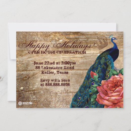 クリスマスヴィンテージフォトカードピーコックバラウッド 招待状 (正面)