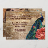 クリスマスヴィンテージフォトカードピーコックバラウッド 招待状 (正面/裏面)