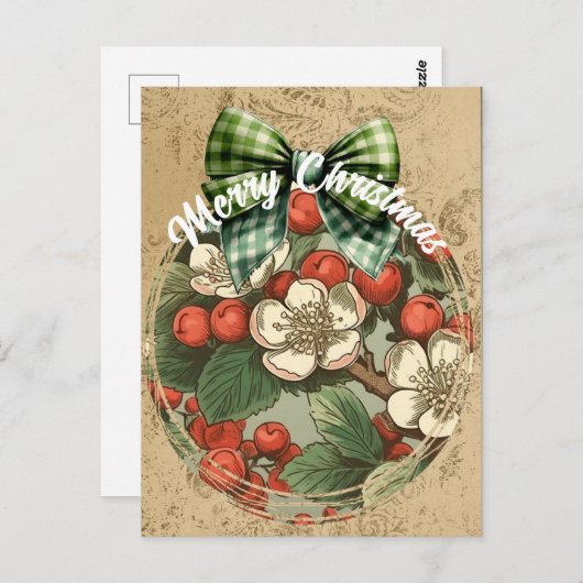 クリスマスヴィンテージフローラとベリーコラージュ ポストカード (正面/裏面)