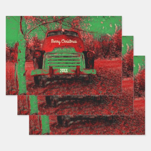 クリスマスヴィンテージブライトレッドグリーン素朴トラック ラッピングペーパーシート (セット)