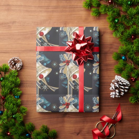 クリスマスヴィンテージブルーシルバーベル金ゴールドボウ ラッピングペーパー (クリスマスギフト)