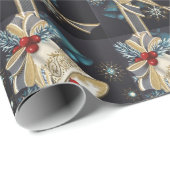 クリスマスヴィンテージブルーシルバーベル金ゴールドボウ ラッピングペーパー (ロールコーナー)