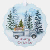 クリスマスヴィンテージブルートラックウィンターシーン オーナメントカード (正面)