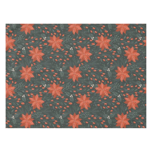 クリスマスヴィンテージレッドグリーンベリーズポインセチア テーブルクロス (正面(横))