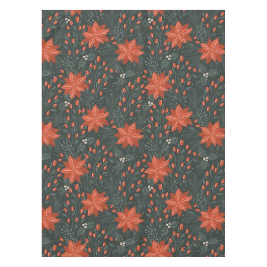 クリスマスヴィンテージレッドグリーンベリーズポインセチア テーブルクロス (正面)