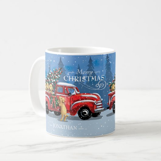 クリスマスヴィンテージレッドトラックと犬モノグラム名 コーヒーマグカップ (正面左)
