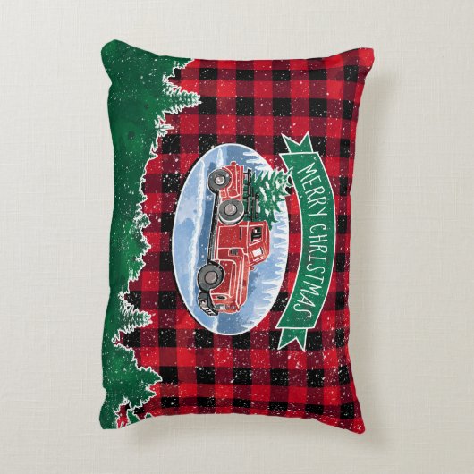 クリスマスヴィンテージレッドトラックバッファロープレイド名の追加 アクセントクッション (裏面(縦))